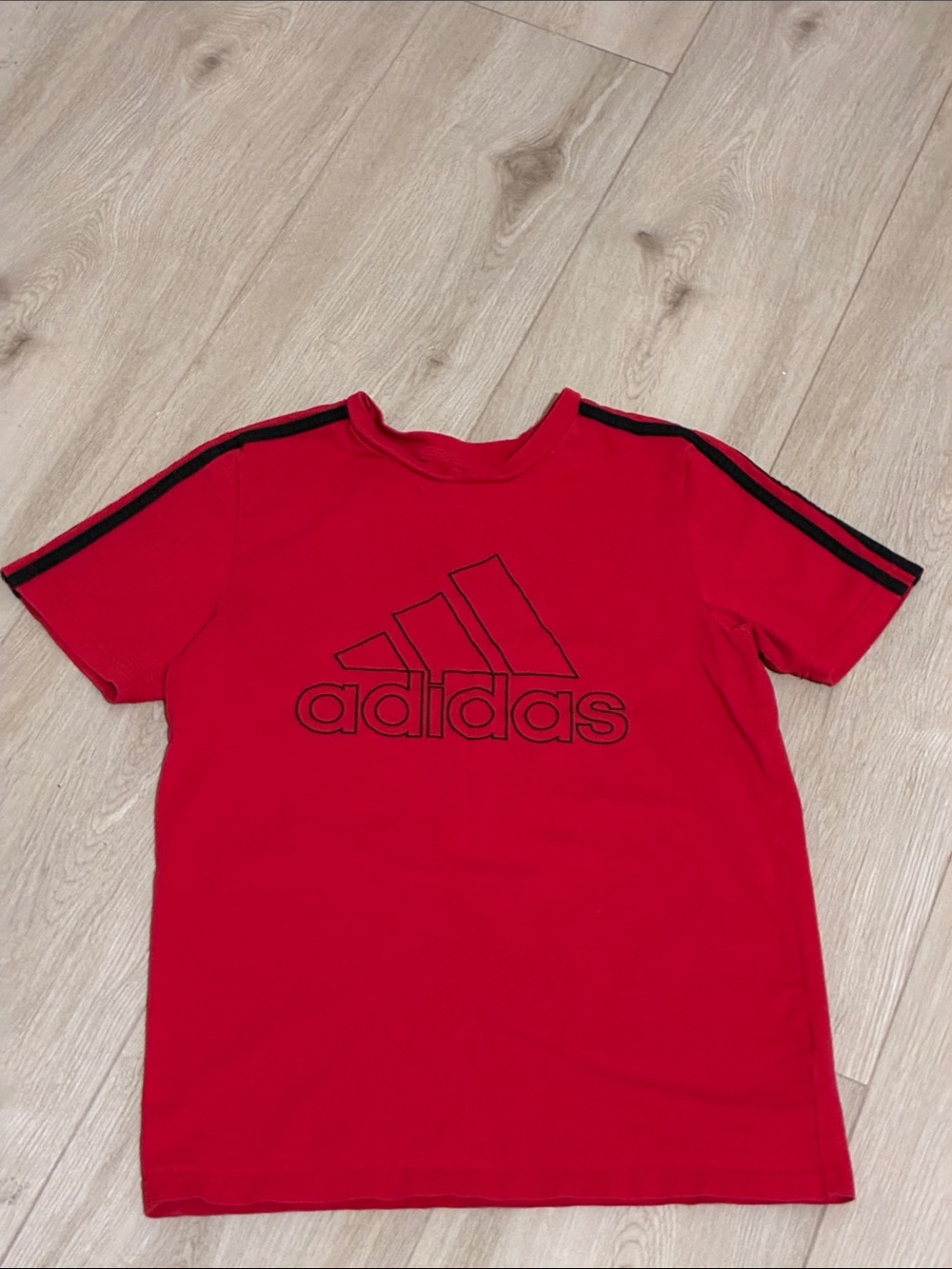 adidas Red Tee with Black Logo and Shoulder Stripes